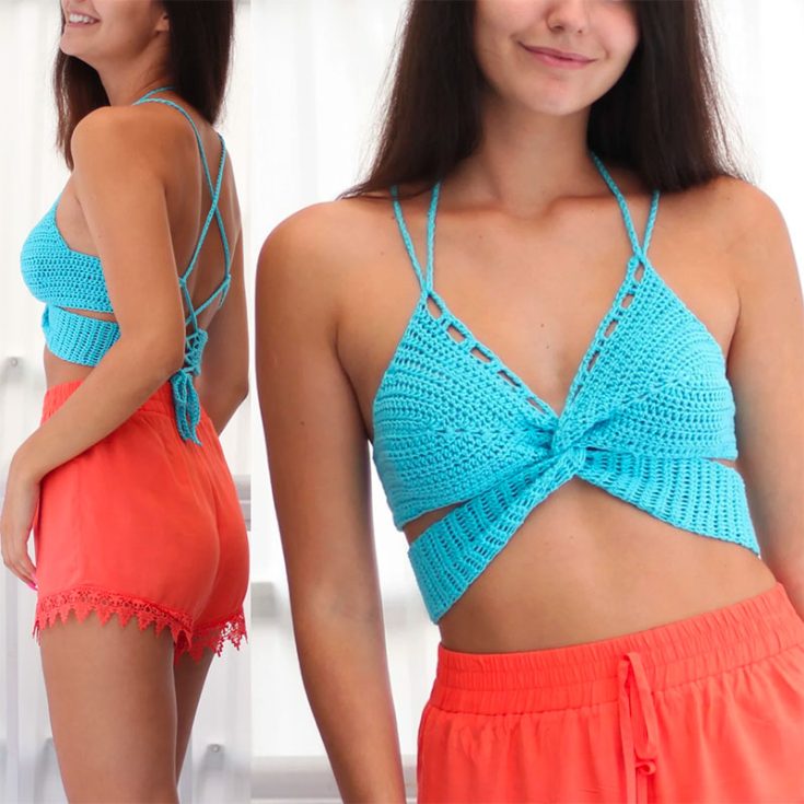 modern butterfly crochet top perfect for the summer, the design comes with a laced up corset-style at the back.