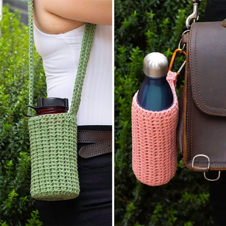This bottle holder can be slung over your shoulder, worn on your belt, or attached to a handbag or backpack using a carabiner. This pattern can be adjusted to fit different size water bottles.