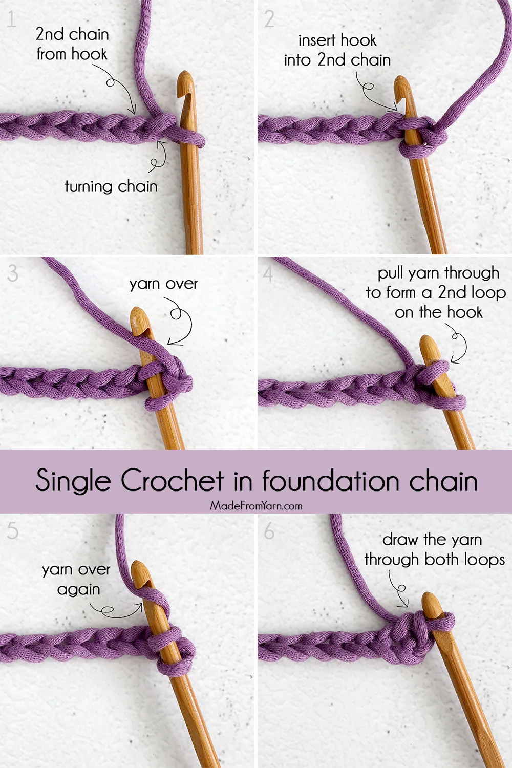 learn how to make single crochet stitch from a foundation chain, easy to follow instructions.