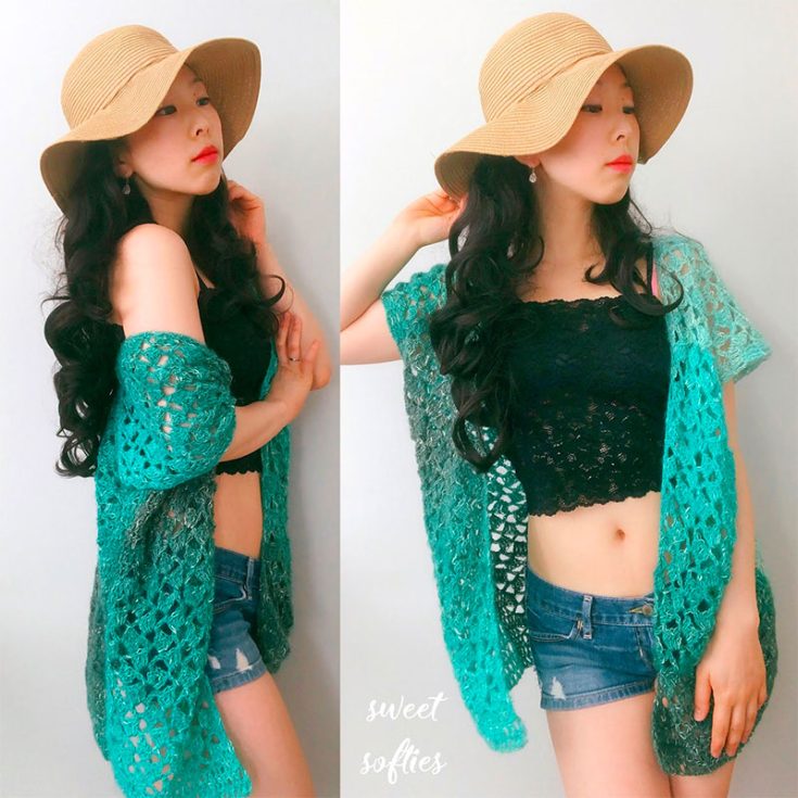 Although this pattern calls for an Aran weight yarn, the kimono style of this cover up still drapes gorgeously. It uses a variation on the shell stitch throughout that avid beginners can attempt. Directions for sizes S/M changes for M/L and XL/XXL are written in parentheses.