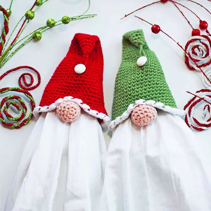 In the season of gift giving, this makes a wonderful gift, or it could just be a practical way to bring some holiday cheer to your kitchen. This gnome towel topper has a ring inside it where you can easily hang your towel through it and take it out easily for washing. If you would like to add braids to your Gnome Towel Topper to make a matching Girl Gnome, you can find that free pattern and tutorial on the blog as well!