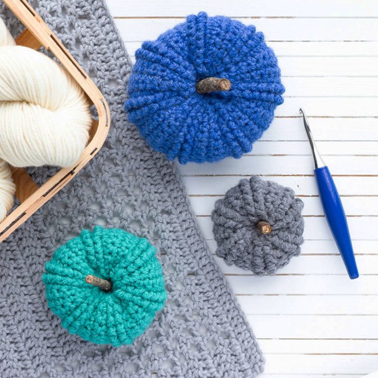 Using the twisted single crochet, these blue Fall pumpkins have sprung to life. The &ldquo;double twist&rdquo; sections create an interesting texture and also help section out the pumpkin surface.