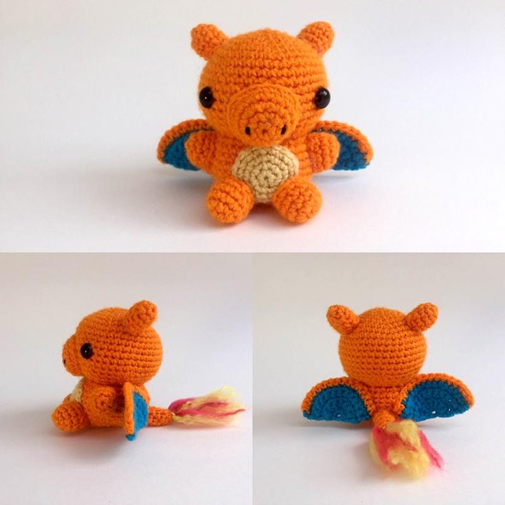 This Charizard crochet Pokemon pattern stands about 5 inches tall and is made entirely of single crochet stitches. It's a great project for beginners and fire-starter lovers.