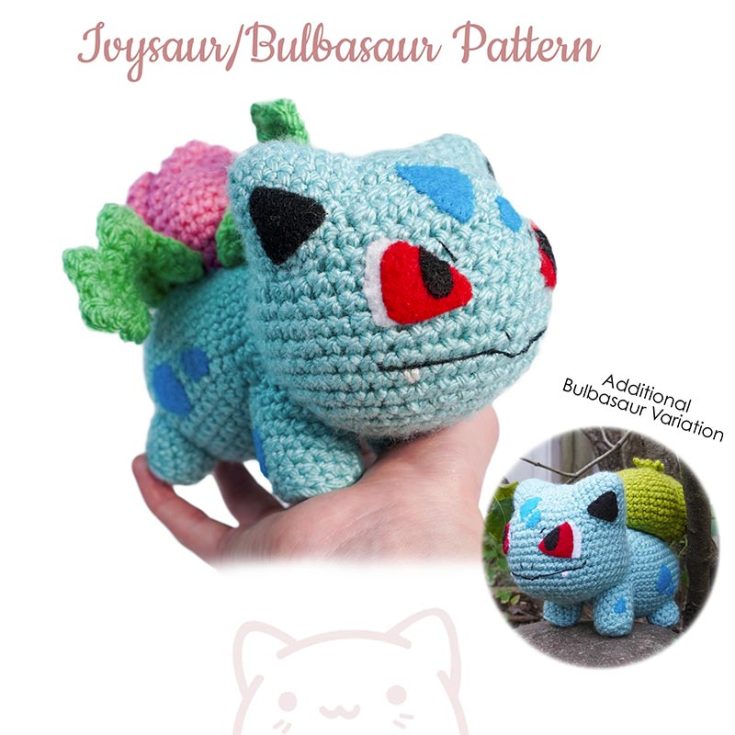 This adorable Ivysaur pokemon crochet pattern is suitable for advanced beginners to intermediate crocheters. The pattern also included the variation to make Bulbasaur as well. You will have approximately a 5 inch tall Pokemon (depending on tension).