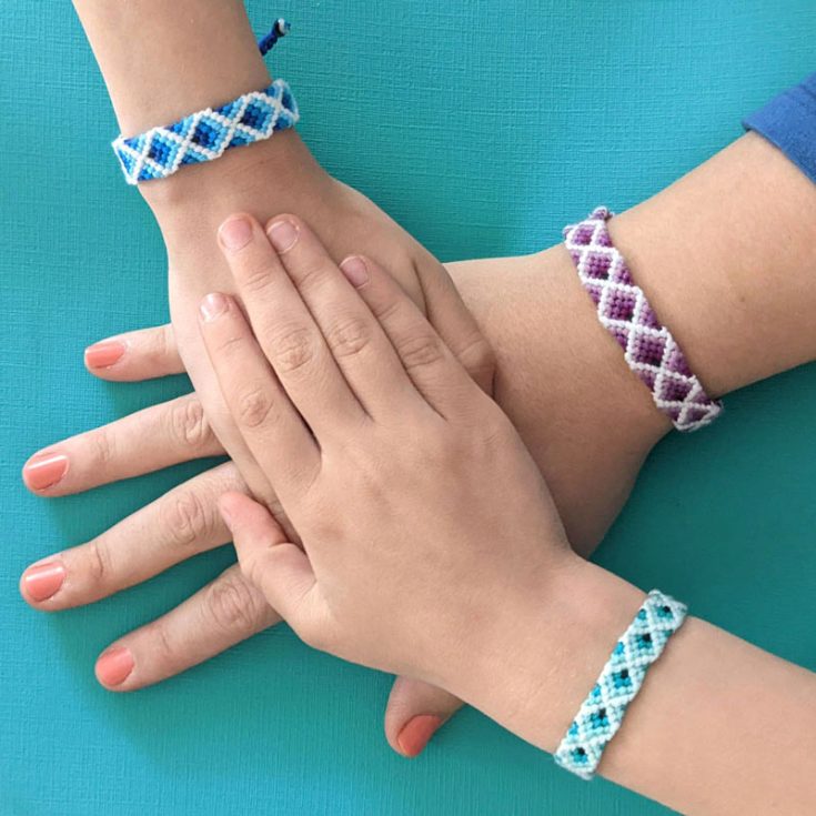 A simple diamond friendship bracelet pattern can have a cool three-dimensional effect when the string colors are carefully chosen and planned.