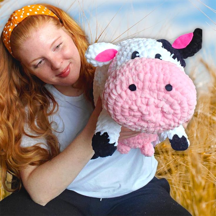 Fans of Harvest Moon, Stardew Valley, and Story of Seasons will love this crochet cow pattern. This video game amigurumi cow plushie is quite large due to the Sweet Snuggles yarn!