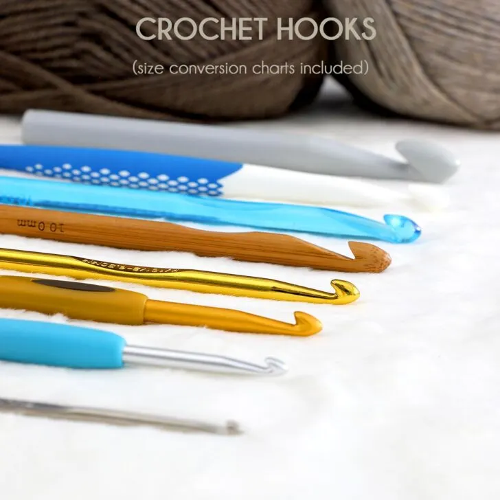Learn all about crochet hook sizes, types & tips for choosing the perfect hook for your crochet projects. Also comes with useful crochet hook conversion charts.