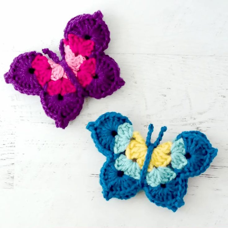 This easy pattern is a fun and quick project suitable for using up scrap yarn. It resembles a ruffled granny square, which transforms into a butterfly when folded. The crochet butterfly can be used as a refrigerator magnet, a wreath embellishment, or in various other decorative ways.
