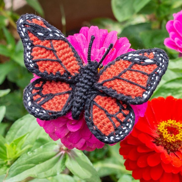 This free crochet butterfly pattern features a realistic way of crocheting a butterfly. Perch it on a flower bed, and no one would be able to tell it was fake from afar! It has a 2-part video tutorial to walk you through visually.