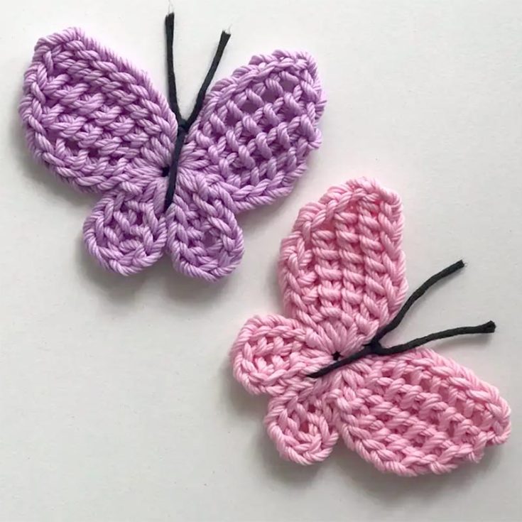 The crochet pattern includes a step-by-step video and written instructions for creating the butterfly using Tunisian crochet techniques. The crochet butterfly is perfect for appliqu&eacute;s, hair pins, and decorations.