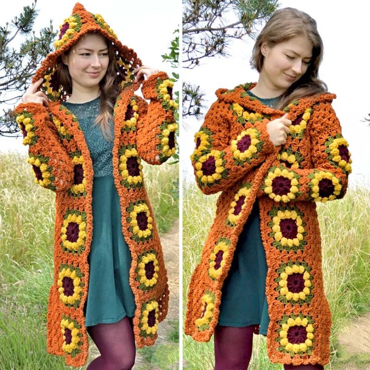 This beautiful cardigan has none other than sunflowers and a long hood with side slits! It includes a YouTube video to guide you on how to make this fairytale-inspired creation, and it comes in 9 sizes.&nbsp;
