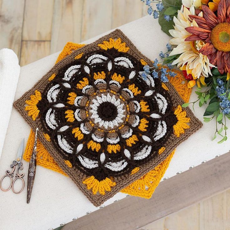 Decorate your personal space with this Autumn Radiance, a beautiful 12&Prime; square crochet pattern featuring a large sunflower motif. This free pattern is wonderful for embellishing cushions or making an afghan blanket!