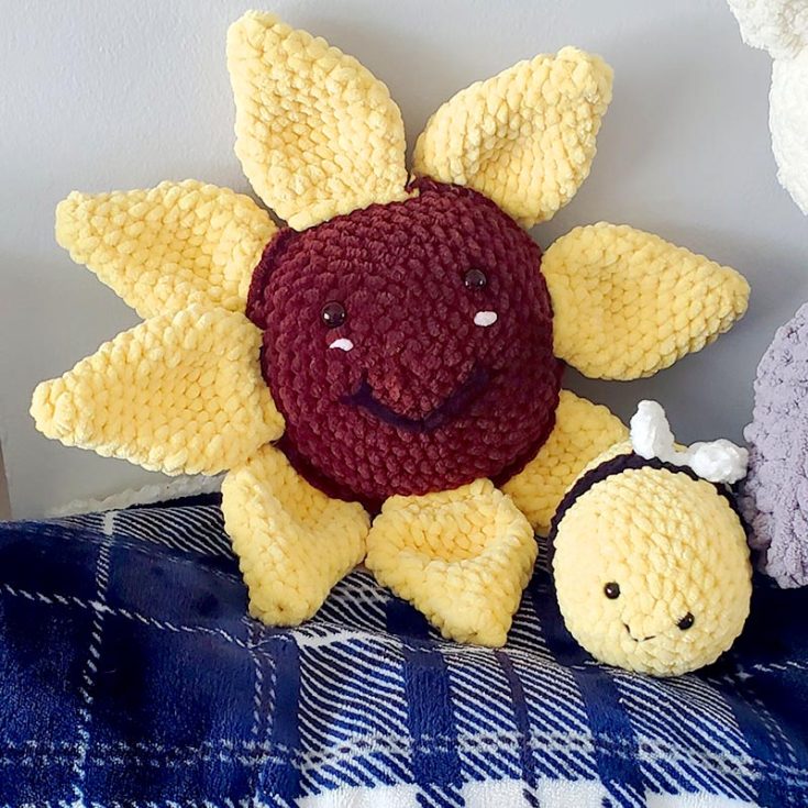 Welcome the spring with this adorable sunny sunflower crochet pillow. If you use blanket yarn, the blanket will turn out to be large enough to cuddle. This pillow measures approximately 10 inches and is not difficult to make either.