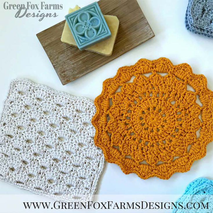 The April Showers patterns have fairly simple repeats so you can put on a favorite comfort show and enjoy making these. It features two designs. The first is the sun cloth, a circular pattern with sharp edges that resemble a sun. The second one is a square pattern with stitches that resemble clouds!