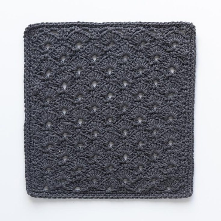 This 4-row repeat of alternating fan and v-stitches creates a complicated look but, in reality, is a pretty simple repeating fan-like stitch. It's a beginner-friendly pattern that creates a 10" x 10" square.