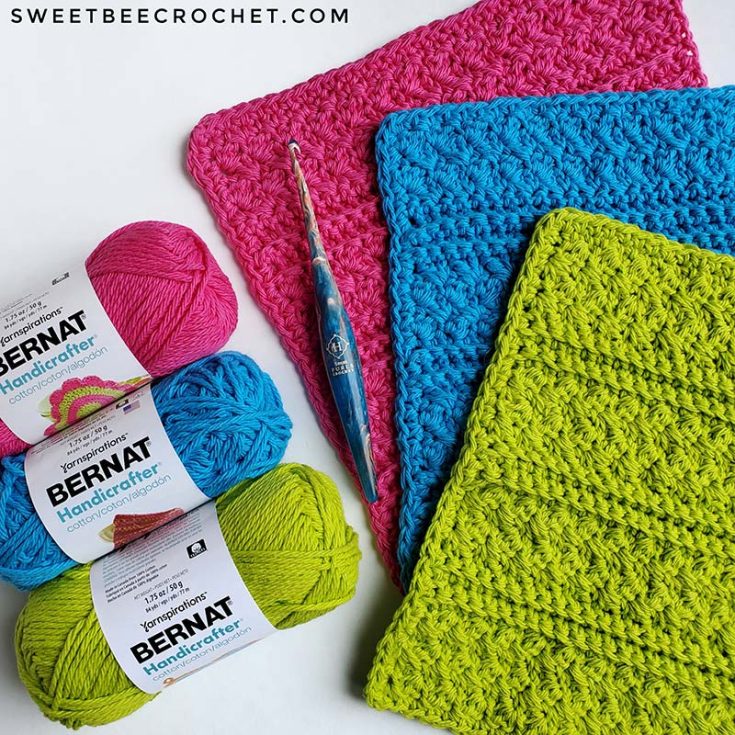 This Sweet Suzy washcloth uses the suzette stitch and back loop single crochet to create a lovely and textured design. The finished washcloth measures approximately 9 inches x 9 inches.