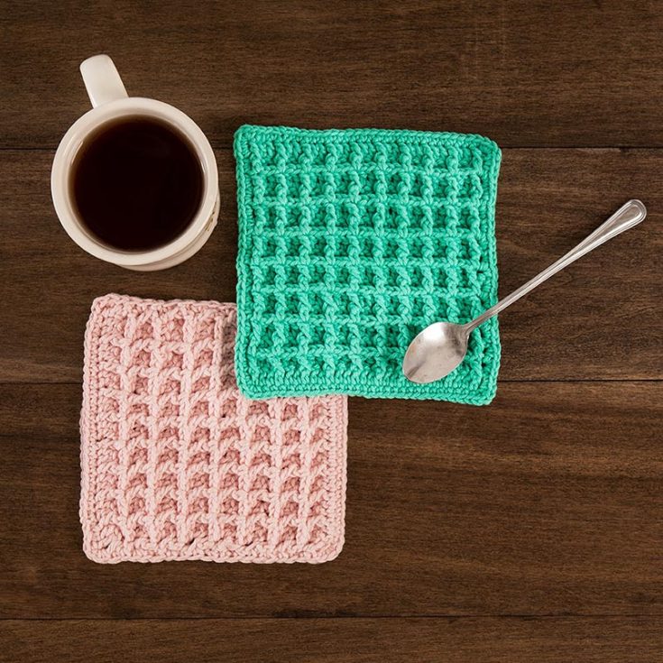 Crocheted with Double Crochet, Front Post Double Crochet, and Single Crochet stitches, this square waffle-like dishcloth is a quick and thoughtful gift for any occasion. It works up into a 6.5" x 6.5" square.