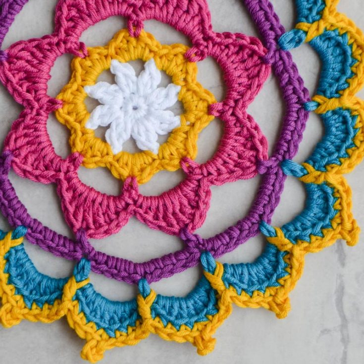 Contrary to its name, it is not just another mandala; it may be the one you fall in love with, and you can't wait to grab your crochet hooks to make one for yourself. Many basic stitches are used to make this, so fear not and give it a go today.