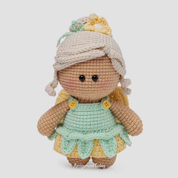 This dainty little doll is crocheted with many details to truly bring her character to life! With a petal-like dress and little wings, this lovely fairy doll will be a great pattern to crochet for your little ones. She is 9.5" tall.