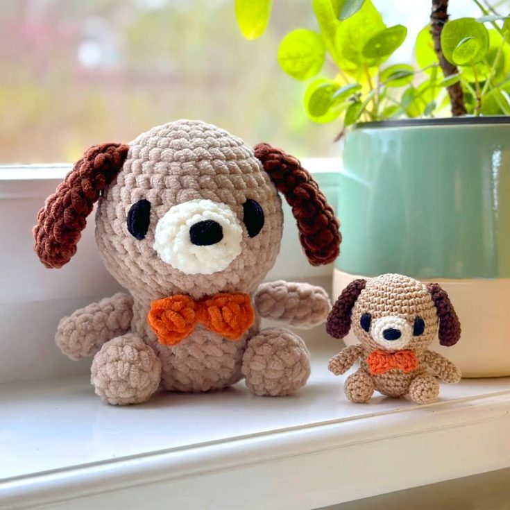 Casper, the dog, is a small pup that is really low maintenance as he only requires basic crochet stitches and is quick to make! There is even a YouTube video tutorial that is a great starting point for beginners. For the mini dog, he is around 2" tall, and for the big plushie dog, he is 6" tall.