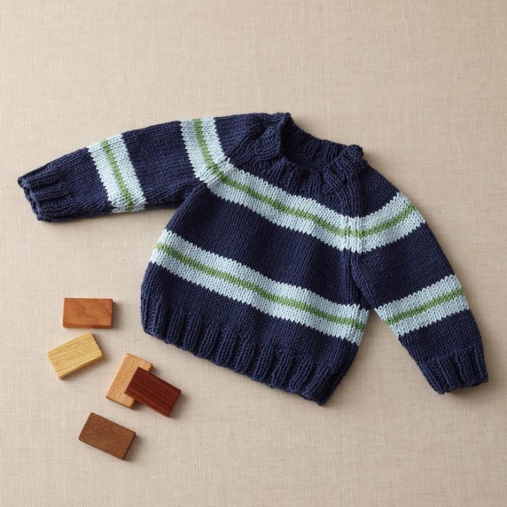 Finally, this gorgeous and classy striped knit sweater is ideal for advanced knitters. Made just for your little ones to snuggle in during those cold, chilly nights, this sweater uses worsted weight yarn and offers five sizes, from newborns to 6 months to 3 years old.