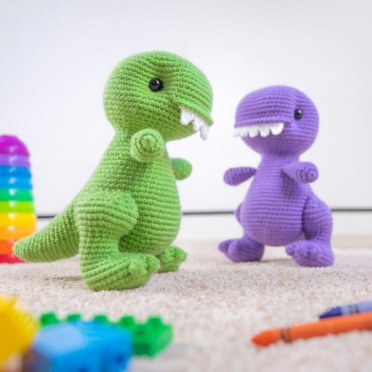 These waddling T-rexes have exaggerated teeth hanging out of their mouths for a comical, cute look. Dan, the dino, has no color changes and stands 10.5&Prime; tall.