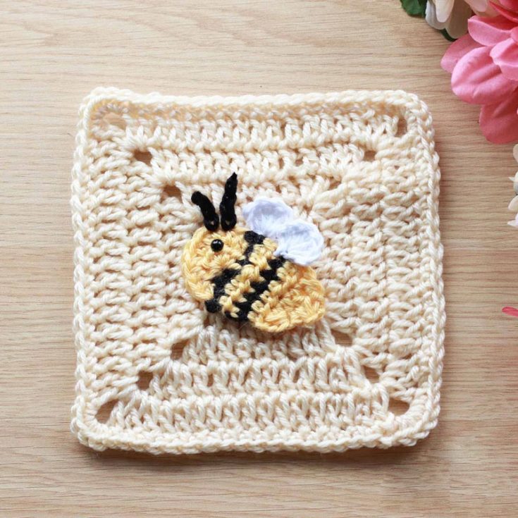 Make this spring-themed bee crochet applique pattern. Use it in various ways, such as by itself as a coaster, on another crochet item as an applique, or as part of a blanket. Go wild with your imagination! The finished size is 5 &frac12;&rdquo;.
