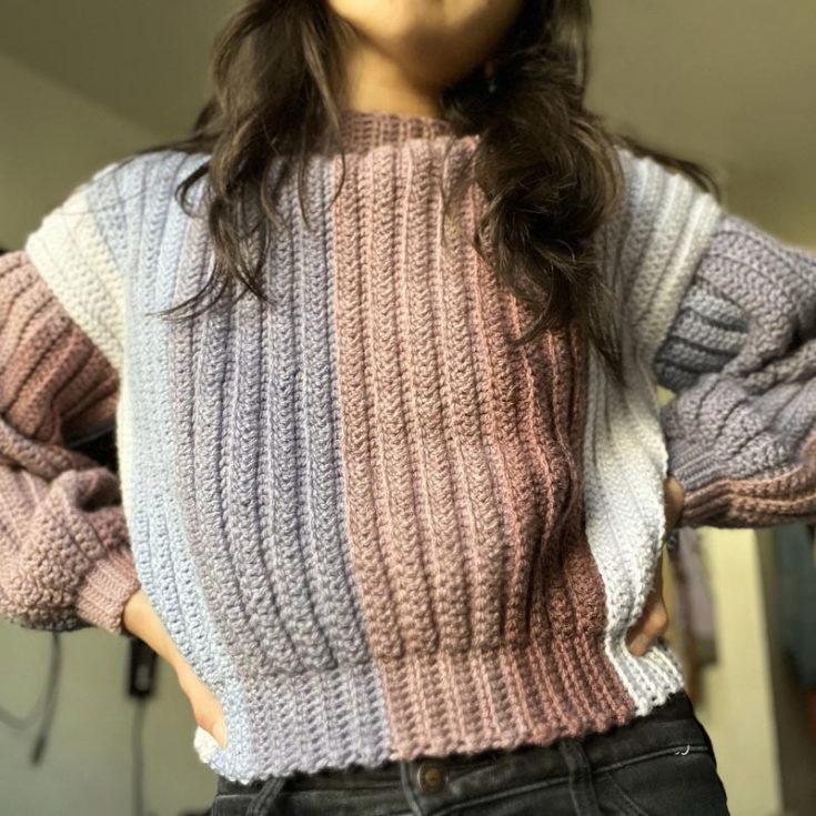 This quick and easy pullover sweater pattern is enjoyable to make and easy to customize to your preferred size! It's made up of four separate pieces that are then slip-stitched together, which means no sewing is involved! Isn't that cool?