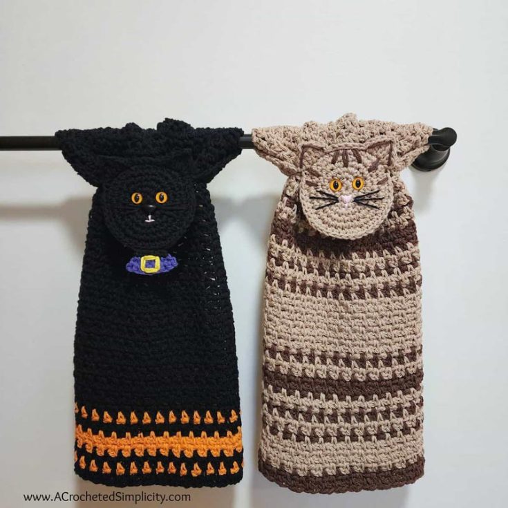 The kitty cat hand towel crochet pattern includes instructions for a black cat and a striped tabby cat. Have fun making these cat crochet patterns for hand towels, and be prepared to smile whenever you dry your hands.