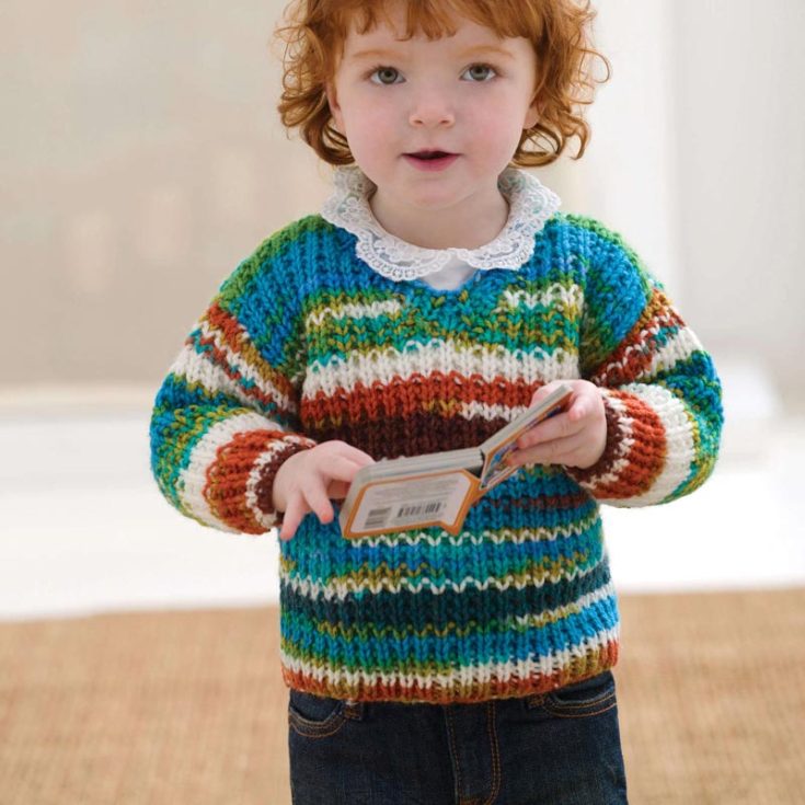 Your little ones are going to adore this beautifully handmade sweater. It&rsquo;s ideal for beginners and uses the Red Heart Super Saver yarn to ensure warmth and durability. This lovely knit sweater design is appropriate for kids 12-24 months, with finished dimensions of 24 (26, 28)&rdquo; in the chest area and 12 (12 &frac34;, 13 &frac12;)&rdquo; in length.