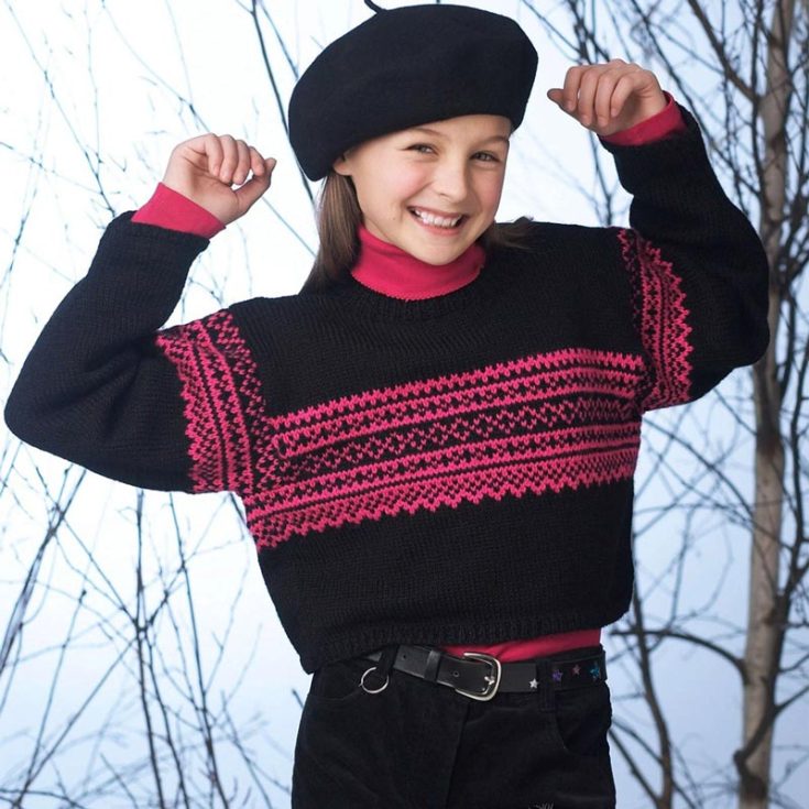 Have a look at this charming traditional knitting pattern made for your little girls. This intermediate-level project uses Patons Astra yarn to create a cozy, stylish sweater for kids ages 2-10. This design also uses the Fair Isle detailing with some colorwork for the striking features.