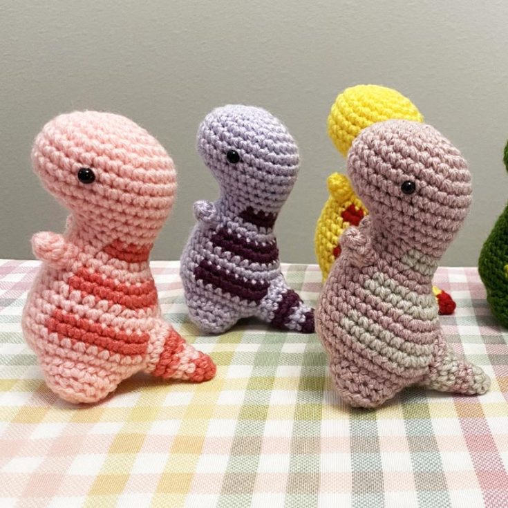 The famous Timothy, the T-Rex, pattern by BluePhone Studio inspired the creation of these mini dinos. It has fewer stitches than Timothy, making this project faster and more speedy. Learn how to crochet these adorable creatures by clicking the link below.