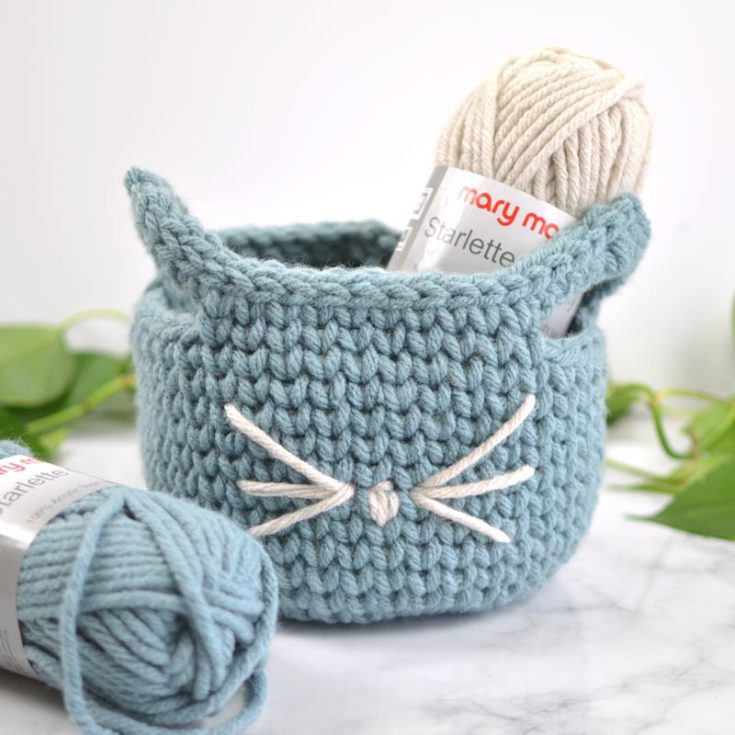 We are absolutely in love with this purrfect cat crochet basket! It's such a cute way to keep all your skeins of yarns and crochet supplied that are currently in use, close by, and organized. You can also store socks, scarves, or anything else you can think of!