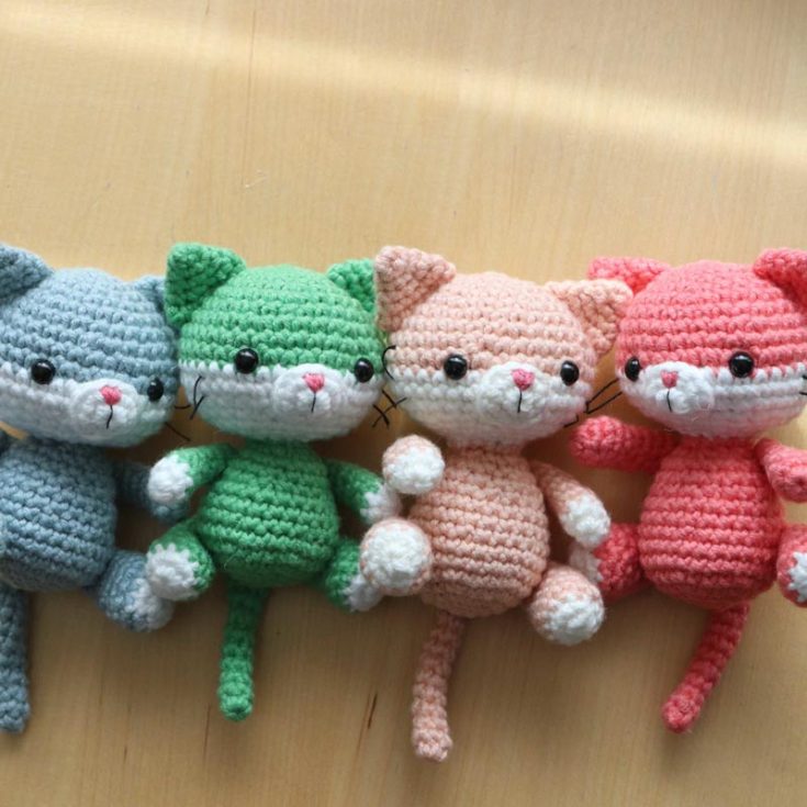 This tiny little kitty crochet cat pattern is laid flat on its back, with its limbs splayed like a teddy bear. So cute! It requires basic crochet knowledge, but it may be a little hard to work up due to how small it is. If you're up for the little challenge, go for it! The finished size is 3.5" when sitting.