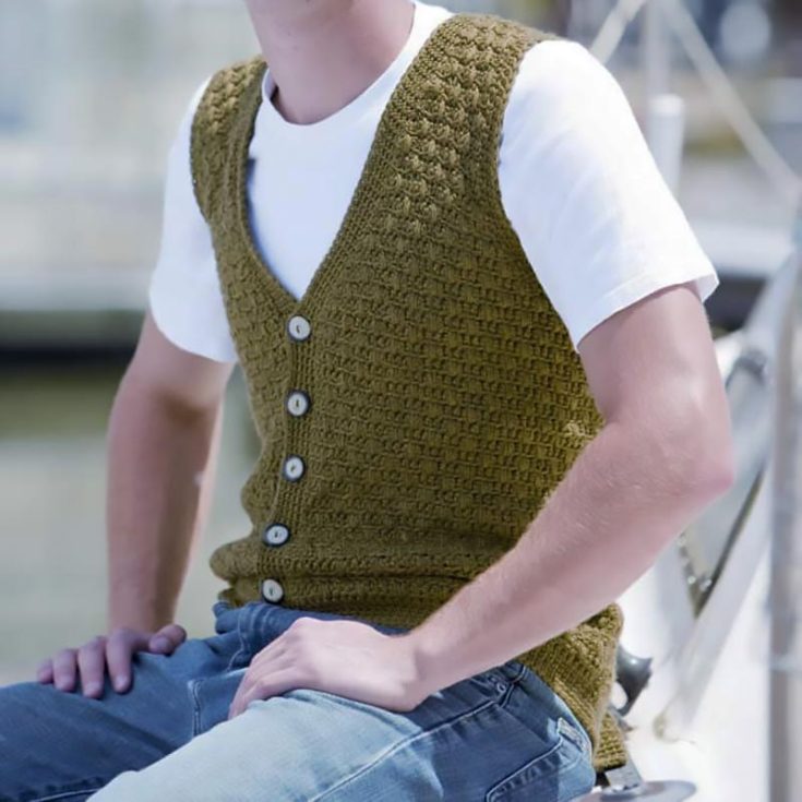 Men's vest patterns are not to be missed out. Check out this gorgeous swish crochet vest to make for your boyfriend or hubby! This light-textured vest will be the perfect texture for a summer or fall. It comes in sizes up to 3XL.
