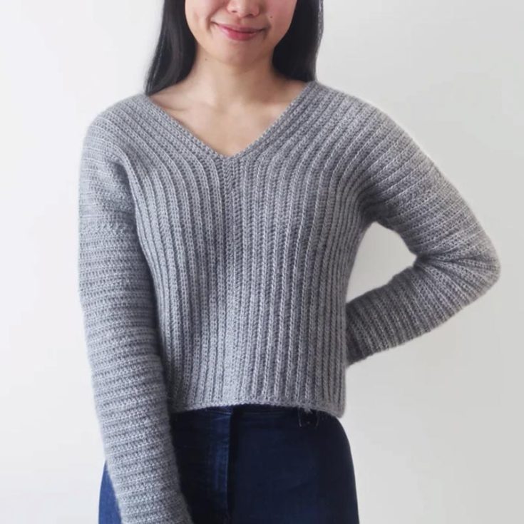 This sweater elevates a simple casual look with its V-neckline and half double crochet panels to create flattering vertical lines along the body. It's modern, clean and classy. Make it for various sizes by following the instructions for XS-3XL.