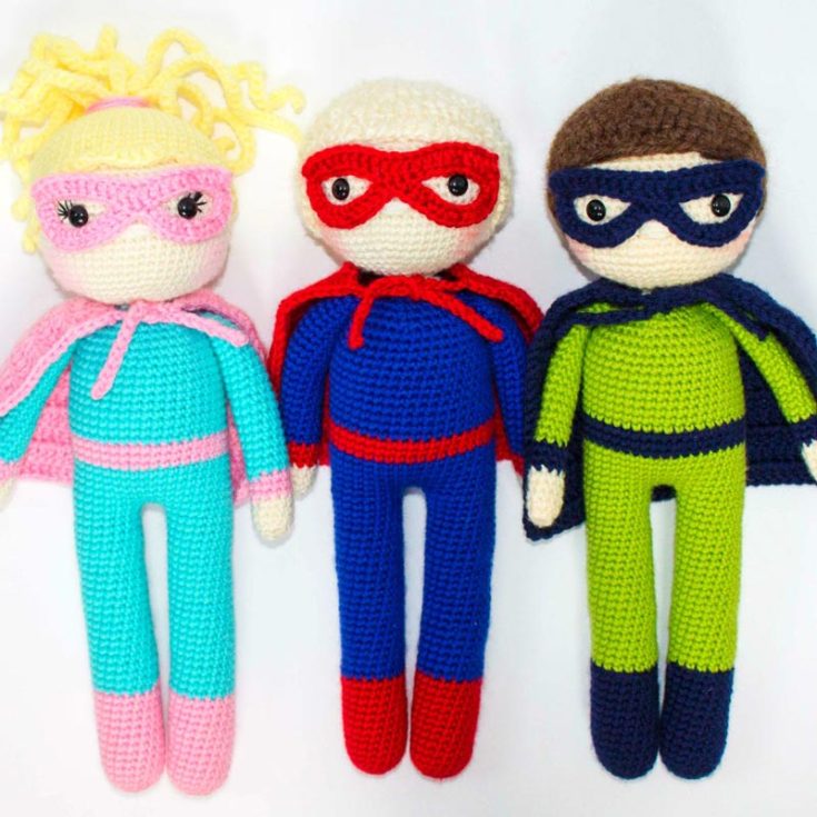 Make your very own superhero crochet doll pattern! Mix and match the colors to give your dolls their very own superhero suits, personalities, and powers! They are up to 15" tall and 4.5" wide.