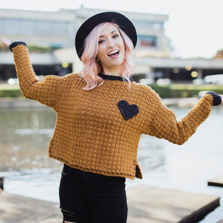 This is a slightly oversized slouch sweater crochet pattern with a darling heart pocket! Customize the colors for the best palette to fit your wardrobe. The pattern comes in sizes S-3XL.