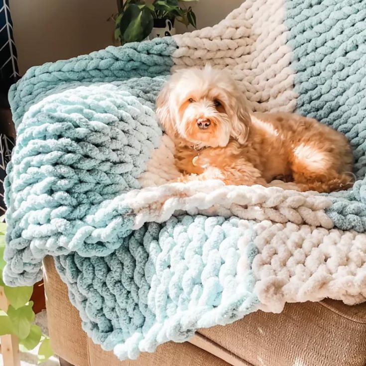 Have a look at this easy YouTube video tutorial that teaches you step-by-step how to knit this Chunky Blanket! It&rsquo;s a beginner-level project that works relatively quickly due to the yarn weight used! It&rsquo;s soft and plushy and will leave you wanting more! The size is meant to be customized as you knit, so figure out what blanket size you&rsquo;d like. Start by measuring the width of the first chain stitch you made, and add more length as you go.