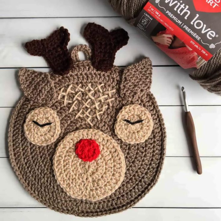 Learn how to make this cute Crochet Reindeer Pattern in the spirit of Christmas! It's such a simple project and would make for a thoughtful gift. Though this project is meant for decorative purposes, to make it functional, ensure that you're using cotton yarn to make it heat resistant. The finished size measures 10" in diameter without the antlers.