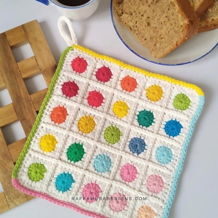 As we're on the topic of fun and colorful potholder designs, here is another colorful crochet potholder for you to make. Mix and match all your leftover cotton scrap yarn to create this excellent stash-buster piece. It's an easy project for beginners and creates a lovely 6.2" x 6.2" piece.