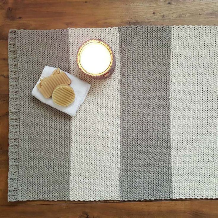 We have another classic and straightforward pattern here called the Herringbone Bath Mat. It uses the basic crochet stitches, including the front post double crochet and herringbone half double crochet.