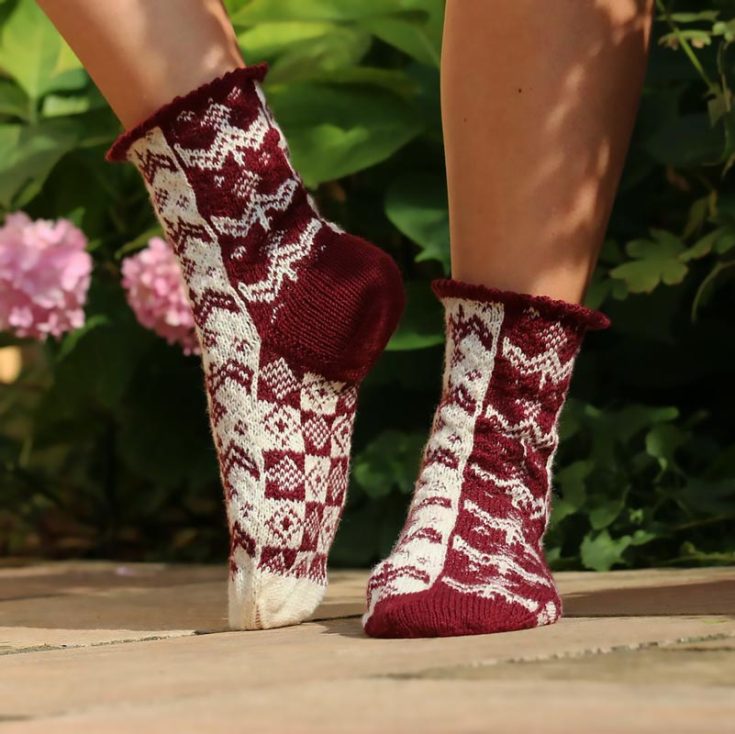 These Nordic-inspired socks are to die for! Don't they remind you of the beautiful time of Christmas? This advanced-level project uses fingering weight yarn to create a gorgeous traditional embroidery pattern. It uses contrasting colors, such as black and white, and incorporates a few knitting techniques, such as stranded colorwork, jacquard, and many more.&nbsp;