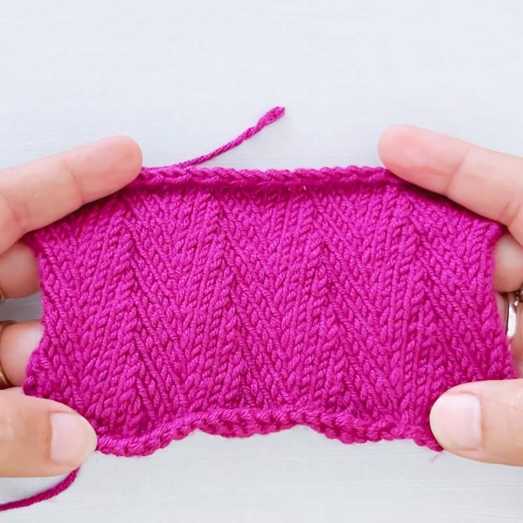 Unlike the classic Herringbone Stitch, which is a 2-row repeat, this Vertical Herringbone Stitch is a 4-row repeat pattern. This stitch features columns of zigzag motifs made by increasing and decreasing stitches. It&rsquo;s an intermediate project but fun to learn.