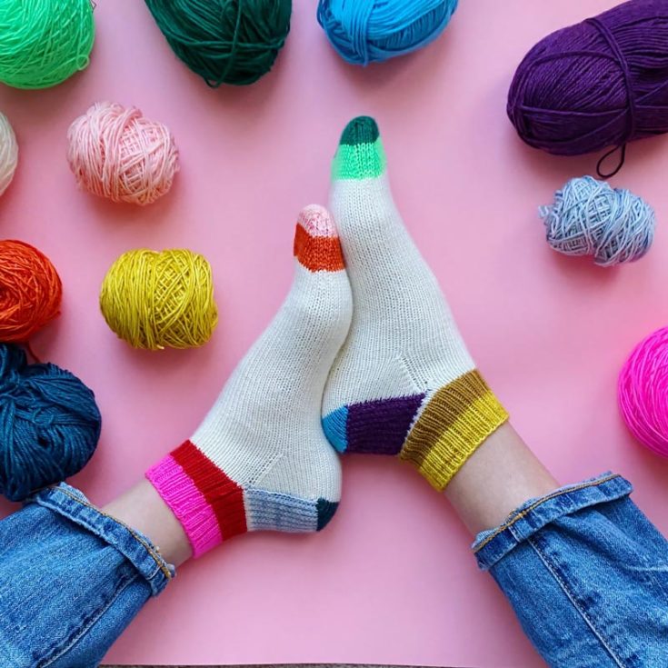 Knit yourself and your family these adorable, funky, and playful socks! They're a joy to knit because it's a beginner-level project and can be knitted quickly. It's a stash-buster project, and the pattern is made to have color play. It's a project with detailed instructions for six sizes, from toddlers to adults.&nbsp;