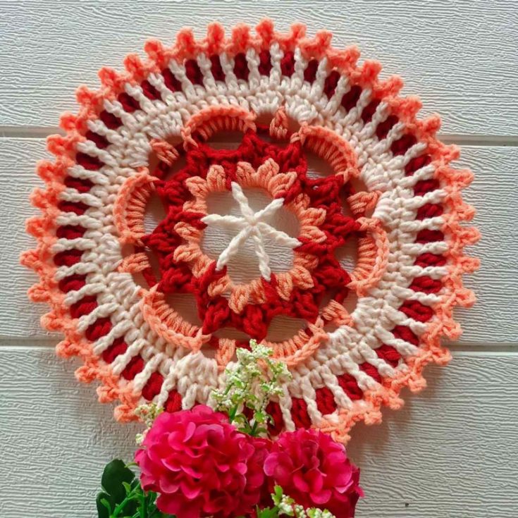 This intermediate/advanced level crochet doily uses single, double, and treble crochet but requires a lot of color work and needs to be blocked after it's done to ensure it lays flat!