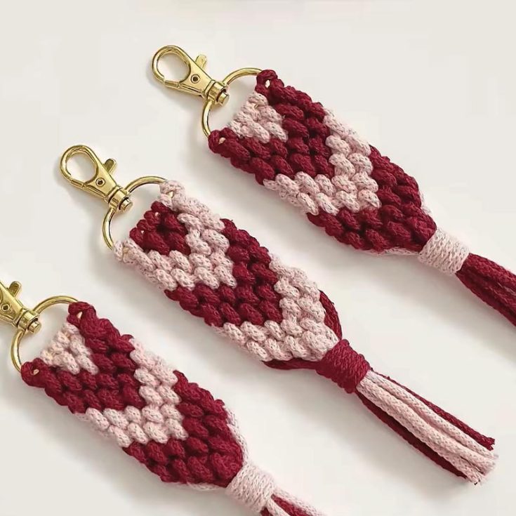 Here&rsquo;s another heart keychain design with a different twist! It&rsquo;s an easier pattern for beginners to try; you only need pastel pink and wine-red cords. It&rsquo;s 7&rdquo; long and 1&rdquo; wide, making it the perfect keychain size for your book bag, totes, and many more.