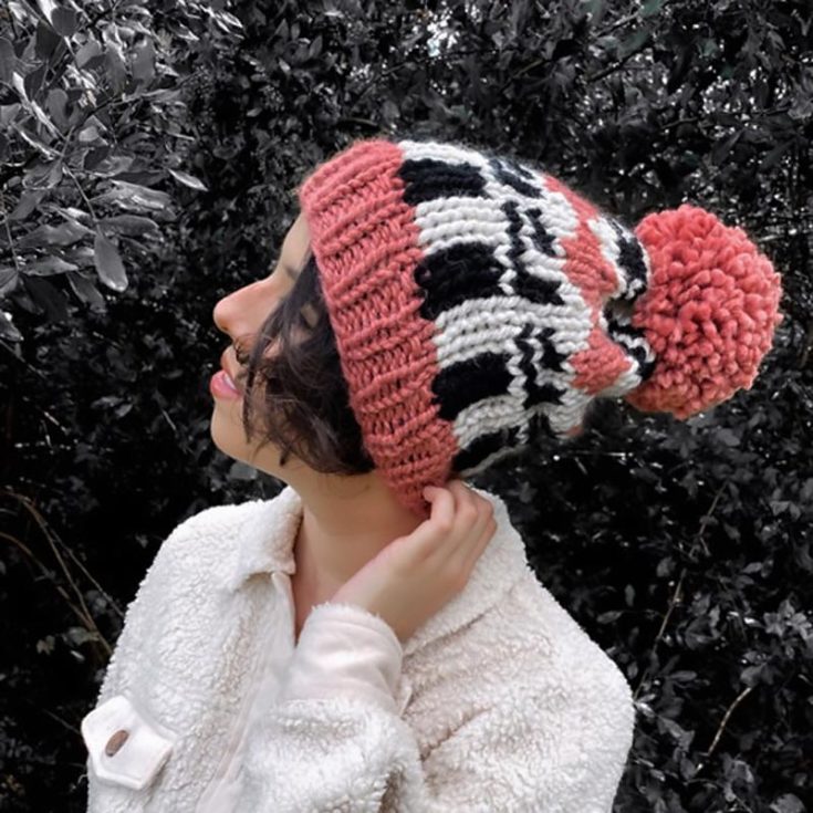 Learn to knit this lovely Sierra beanie adorned with a fluffy pom pom. This gorgeous beginner-level design is made with super bulky weight yarn and features a beautiful colorwork pattern for visual interest. The finished size is 16&rdquo; in circumference x 10&rdquo; in height.