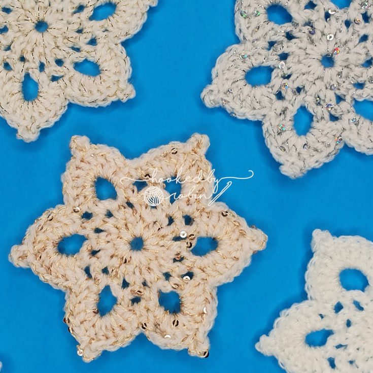 With the basic stitches as a base and the picot stitch for added texture, this snowflake motif has both the star-like and flowery qualities of some snowflakes!