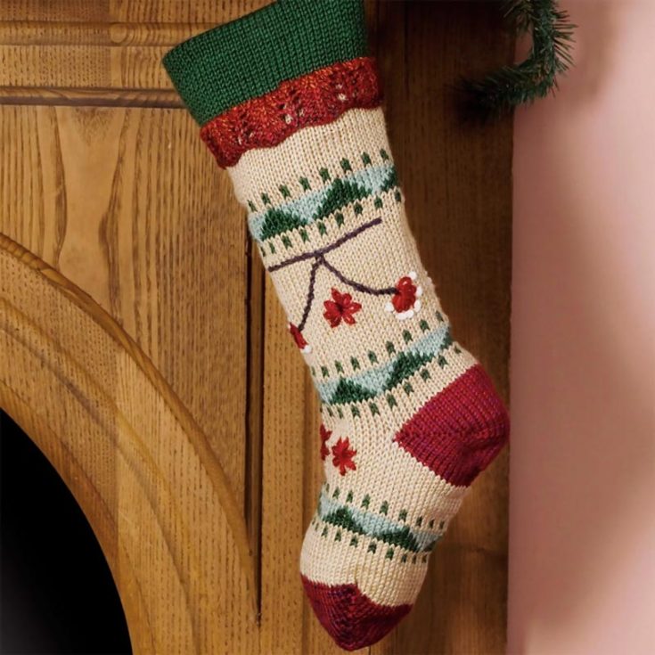 Try knitting this intermediate-level stocking project that is perfect for Christmas. It features timeless colors you can follow or incorporate your desired color palette for personalization. It measures approximately 7 &frac12;&rdquo; wide x 18&rdquo; from upper edge to heel.